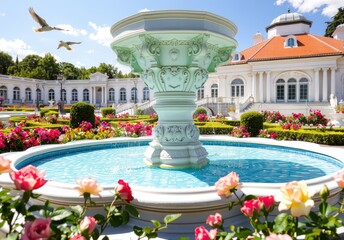 Ornate Fountain in a Beautiful Garden.