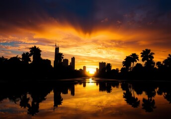 Naklejka premium Silhouette of City Skyline at Sunset with Palm Trees Reflection.