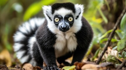 Obraz premium Curious Black and White Lemur in the Forest