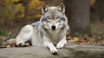 Fototapeta premium Wolf Resting on a Rock in Autumn Forest