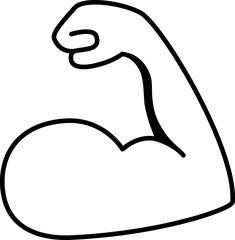 Biceps emoticon of strength, outline muscle, strong bicep. Power of protein for man icon. Flex muscle arm. Exercise in gym for health. Logo of fitness, workout, bodybuilder. Strong muscular arms. Fit