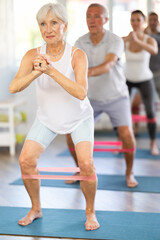 Fototapeta premium Group of women and men are doing stretching exercise with resistance bands. Teamwork, good mood and healthy lifestyle concept