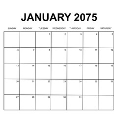 january 2075. monthly calendar design. week starts on sunday. printable, simple, and clean vector design isolated on white background.