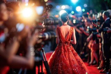 glamorous red carpet scene with flashing cameras and elegant celebrities alist stars pose in designer gowns as paparazzi capture the dazzling movie premiere atmosphere