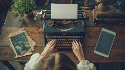 A woman is typing on an old fashioned typewriter
