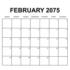 february 2075. monthly calendar design. week starts on sunday. printable, simple, and clean vector design isolated on white background.