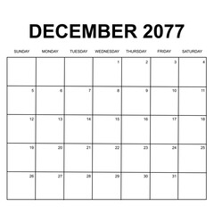 december 2077. monthly calendar design. week starts on sunday. printable, simple, and clean vector design isolated on white background.