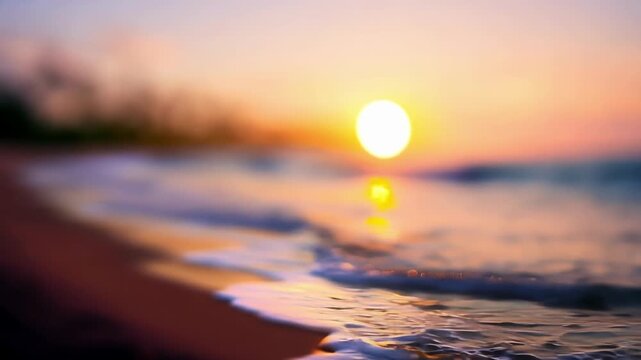 The rhythmic sound of waves crashing against the shore is perfectly accompanied by the vibrant colors and hazy light of a tropical sunset creating a truly peaceful and meditative