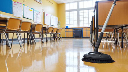 close-up photo of a janitor’s face and chest while cleaning a school classroom