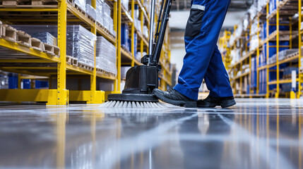 janitor cleaning an industrial or warehouse setting