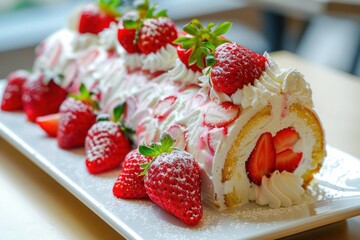 Delicious strawberry roll cake is lying on the white plate and decorated with fresh strawberries and whipped cream