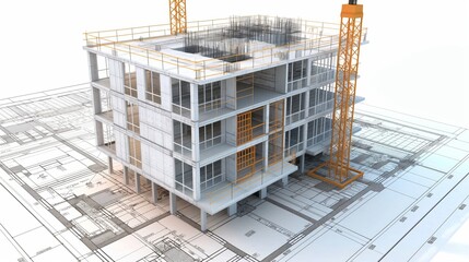 Digital rendering of a building under construction with a crane, showcasing architectural plans and blueprints. The image highlights the planning and design process 