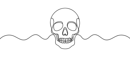 Human scull. One line continuous Halloween skull isolated on white background. Line art outline vector illustration.