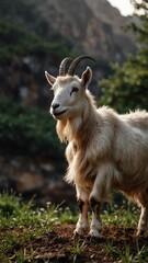 Obraz premium goat on nature scene background with copy space backdrop portrait