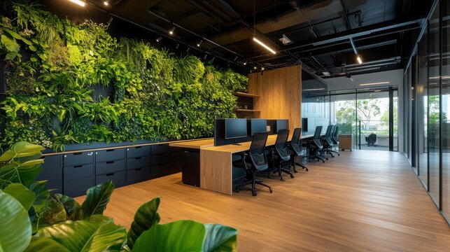 A modern office with a green wall and wooden furniture