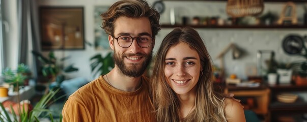 Obraz premium Young couple decorating together, transforming their first home, selective focus, modern aesthetic, surreal, blend mode, studio apartment backdrop