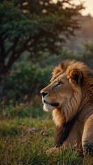 Obraz premium lion on nature scene background with copy space backdrop portrait