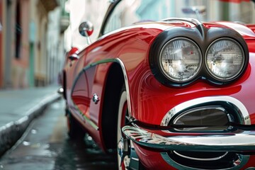 Classic red convertible car parked on a city street with buildings in the background