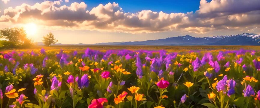 A vast spring wildflower field in beautiful sunlight, with vibrant flowers in every color of the rainbow