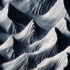 Abstract black dark background with white lines, creating a wave pattern on the surface of mountains, 3D rendering, high resolution | Variant 4