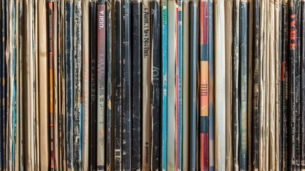 Collection of tightly packed vinyl records on shelf, showcasing their colorful spines