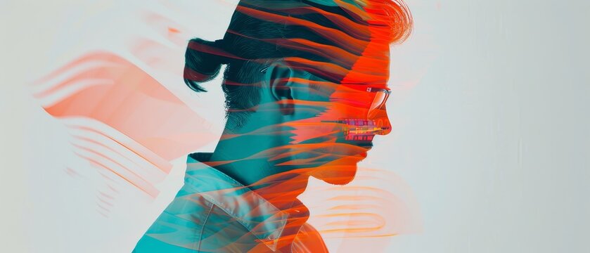 An abstract image of a screenwriter at work, double exposure showing cinematic scenes overlaid with vivid, colorful swirls and geometric patterns
