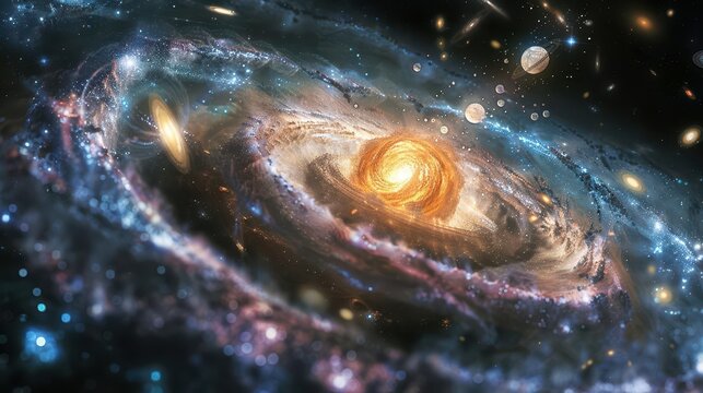 Design an aweinspiring galaxy scene with nucleosynthesis and atom creation, side view, emphasizing cosmic element formation, Scifi tone, colored pastel, copy space for text,