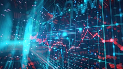 Obraz premium 3D rendering of financial symbols and charts with data points and digital lines on a blue background with this inviting photo.