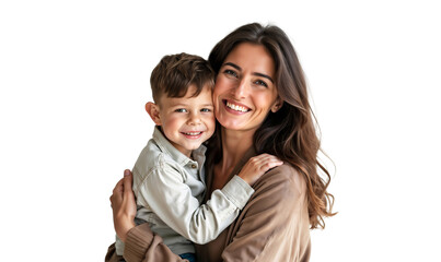 Smiling mother hugging and having fun with her son, family relationship and motherhood concept, isolated on transparent background