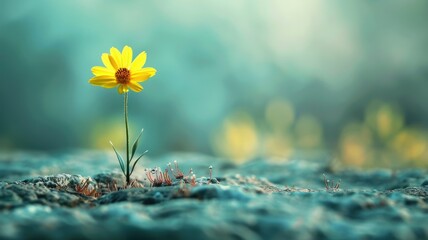 Single yellow flower growing on rocky terrain with blurred background