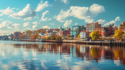 Scenic riverside town with colorful buildings, autumn foliage, and reflected sky