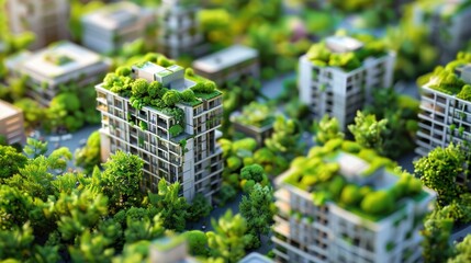 Abstract 3D model of a cityscape with green rooftops and trees, promoting urban environmental sustainability with this inviting photo.