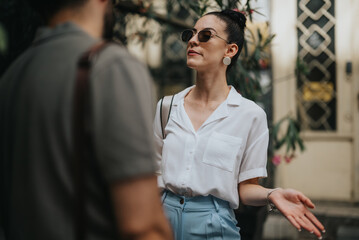 Two business people engaging in a discussion during an outdoor meeting, emphasizing communication and professional interaction.