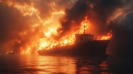 Obraz premium Burning ship on fire at sunset, dramatic scene, maritime disaster concept