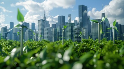 Detailed 3D rendering of a city skyline with green energy symbols, promoting sustainability with this inviting photo.