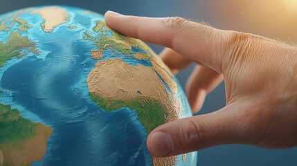 A hand gently touching a globe, symbolizing exploration and connection with the world.