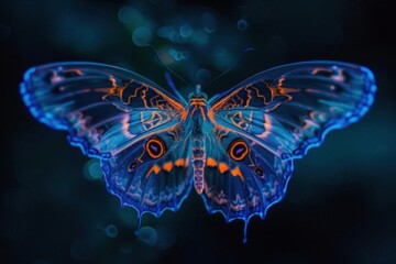 hyperdetailed macro shot of a bioluminescent butterfly midflight intricate wing patterns glow with ethereal blue and orange light against a dark background