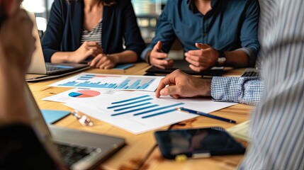 Fototapeta premium Financial expert explaining charts and graphs to a group, tools for guiding investment decisions with this inviting photo.