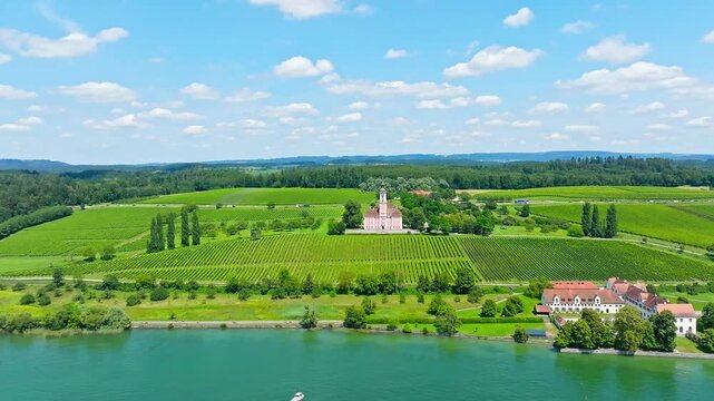 Aerial view of the Birnau pilgrimage church on Lake Constance, Uhldingen-M&uuml;hlhofen, Lake Constance district, Baden-W&uuml;rttemberg, Germany, Europe