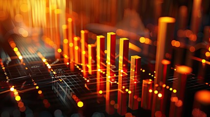 Obraz premium Modern 3D financial data visualization with bar charts and glowing effects on a dark background with this inviting photo.