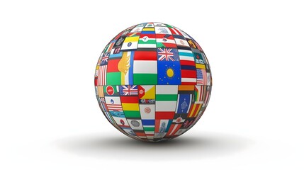 A globe with flags from many countries on it. The globe is white and the flags are in different colours. AI generated.