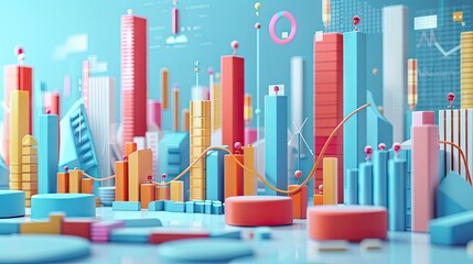 Modern 3D rendering of financial data visualization with bar charts and graphs on a blue background with this inviting photo.