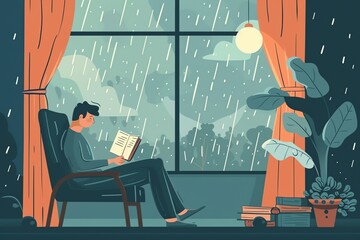 Reading, in a comfy chair with rain tapping on the window, flat design illustration
