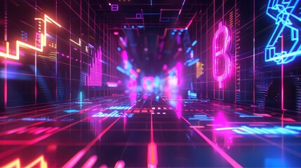 Fototapeta na wymiar Modern 3D rendering of financial symbols and charts with a neon glow on a digital grid background with this inviting photo.