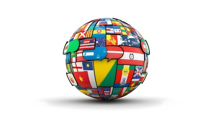 A globe with flags from many countries on it. The globe is white and the flags are in different colours. AI generated.
