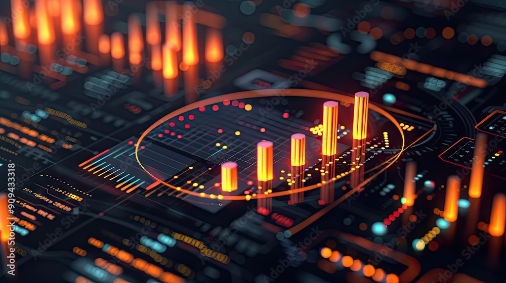 Poster stylized 3d model of financial data visualization with bar charts and glowing effects on a dark back
