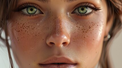 Fototapeta premium Ultra-detailed 3D render of a beautiful woman's face, focusing on her vibrant eyes and smooth complexion with this inviting photo.