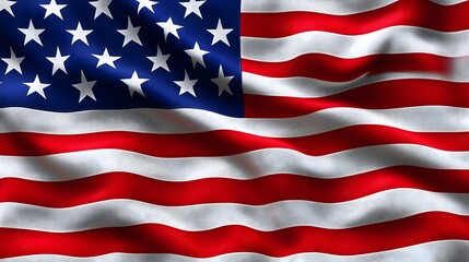 Fototapeta premium The American flag is waving in the wind. The flag is red, white, and blue. The stars are evenly spaced and the stripes are also evenly spaced. The flag is a symbol of the United States and its values.