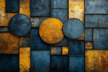 abstract painting, geometric shapes in blue and yellow, gold lines, composition in the style of the golden ratio