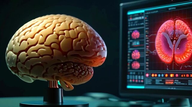 A 3D model of a human brain sits on a desk in front of a computer screen showing a brain scan.